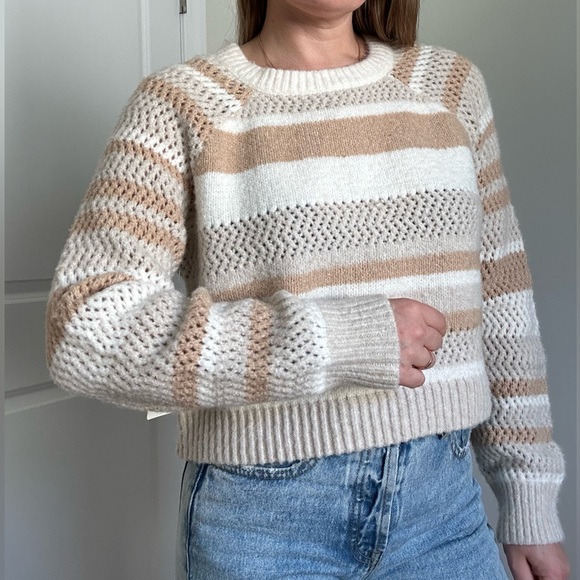 Open Knit Varigated Stripe Cropped Crew Neck Sweater - Picture 5 of 10
